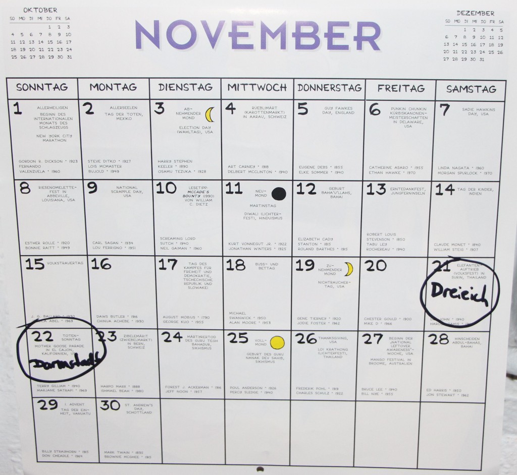 Futurama Kalender, der die Dreieichcon und Darmstadt spielt anzeigt