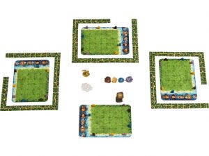 Spielaufbau von Karuba. Es sind vier Tableaus zu sehen.