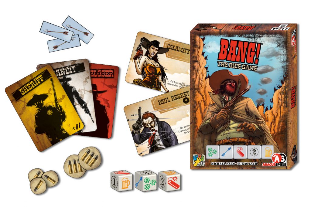 Spielmaterial von BANG! The Dice Game: Karten, Würfel, Verpackung