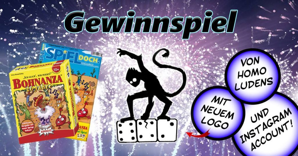 Gewinnspielplakat mit Bohnanza, Spiel doch und neuem Logo. Logo stellt Affe dar, der auf drei Würfel haut
