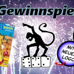 Gewinnspielplakat mit Bohnanza, Spiel doch und neuem Logo. Logo stellt Affe dar, der auf drei Würfel haut