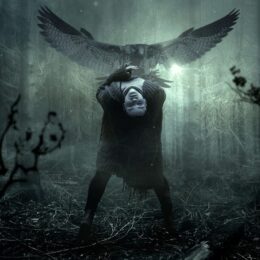 Frau im Wald beugt sich nach hinten, über ihr ein Adler
