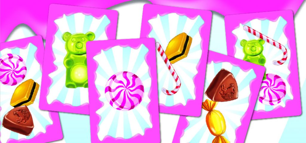 Karten von Candy Match: Bonbons, Gummibärchen, Minzstange, etc.