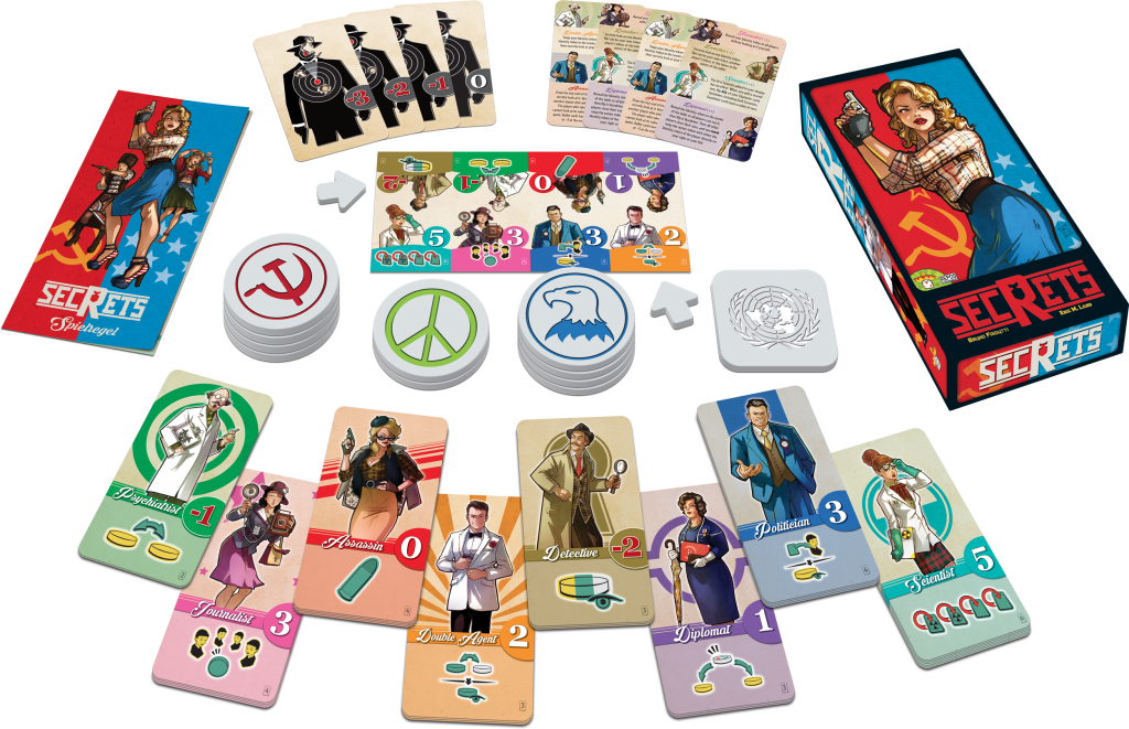 Spielmaterial von Secrets: Karten, Chips und Verpackung